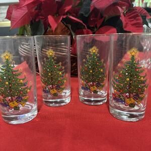 Moderne OLD FASHIONED CHRISTMAS Tree Presents Glass Tumblers Gold Rim Set Of 4